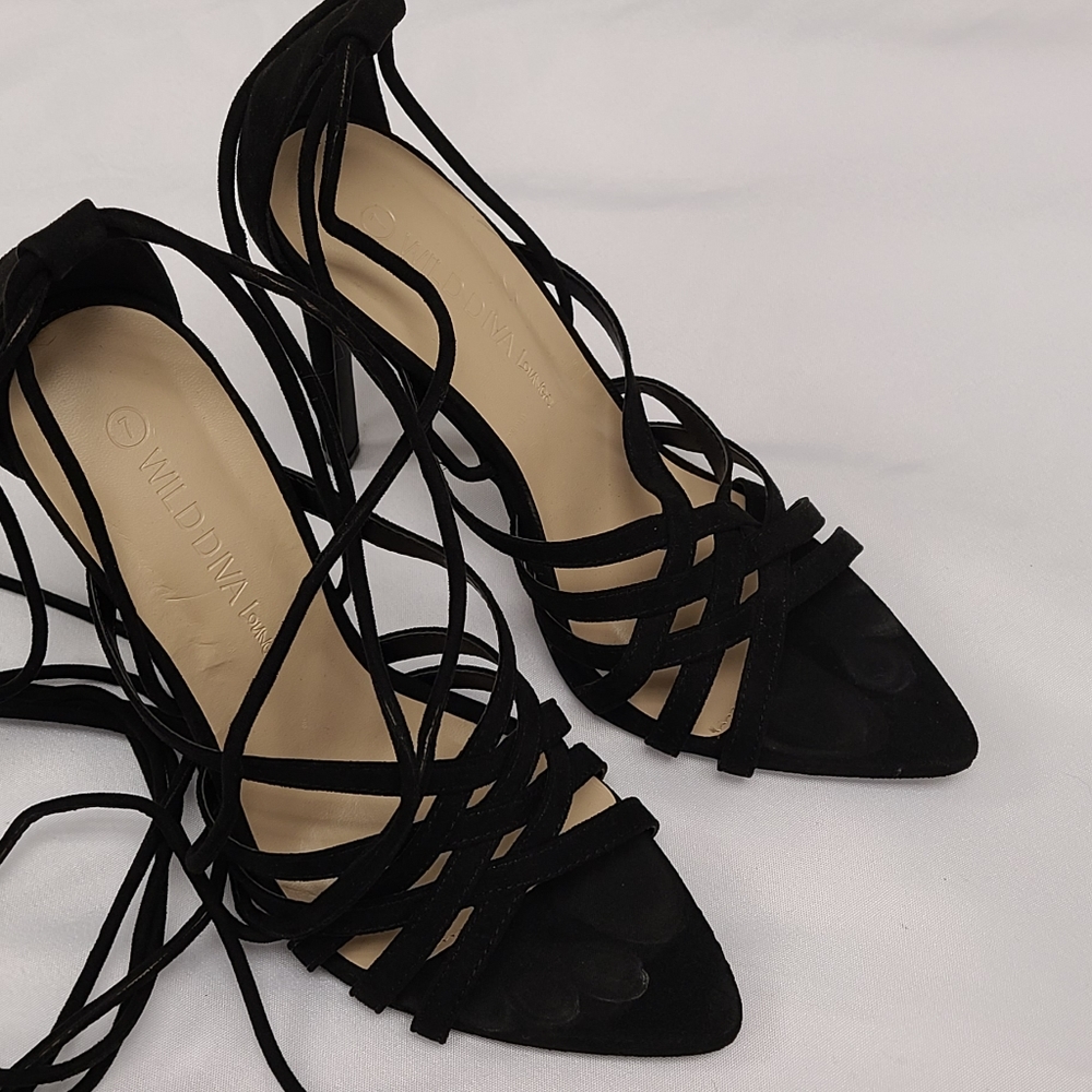 Black lace up suede stilettos sz 7